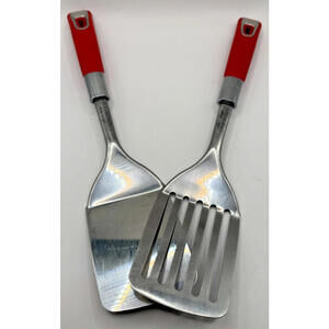 Gold Coast Stainless Steel Spatula Set – 2 Pc – Red Handles – Solid & Slotted